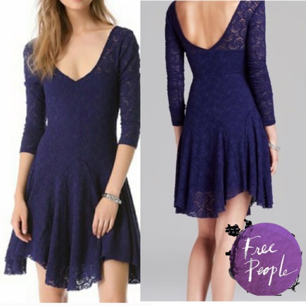 Free People Katya Paisley Lace Blue Asym Dress (S)